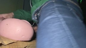 Delivery guy practice fuck with sex dildo before going to work.