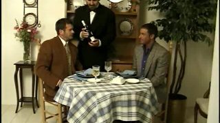 Muscular guys fuck at dinner