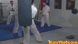 Karate hunk drilled without condoms before his body is semen-showered
