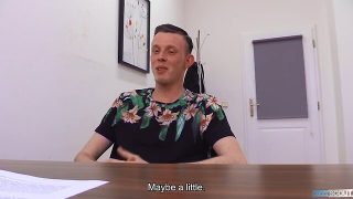 Appealing man lays on the desk spreads his legs ready to get knocked off for a few extra